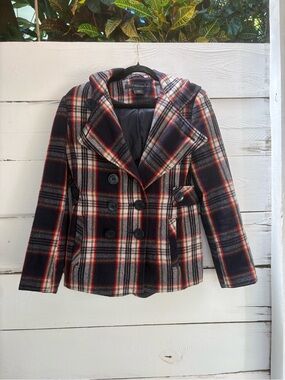 Calvin Klein Stylish Wool Plaid Hooded Peacoat Jacket - Navy, Cream & Red Size 4